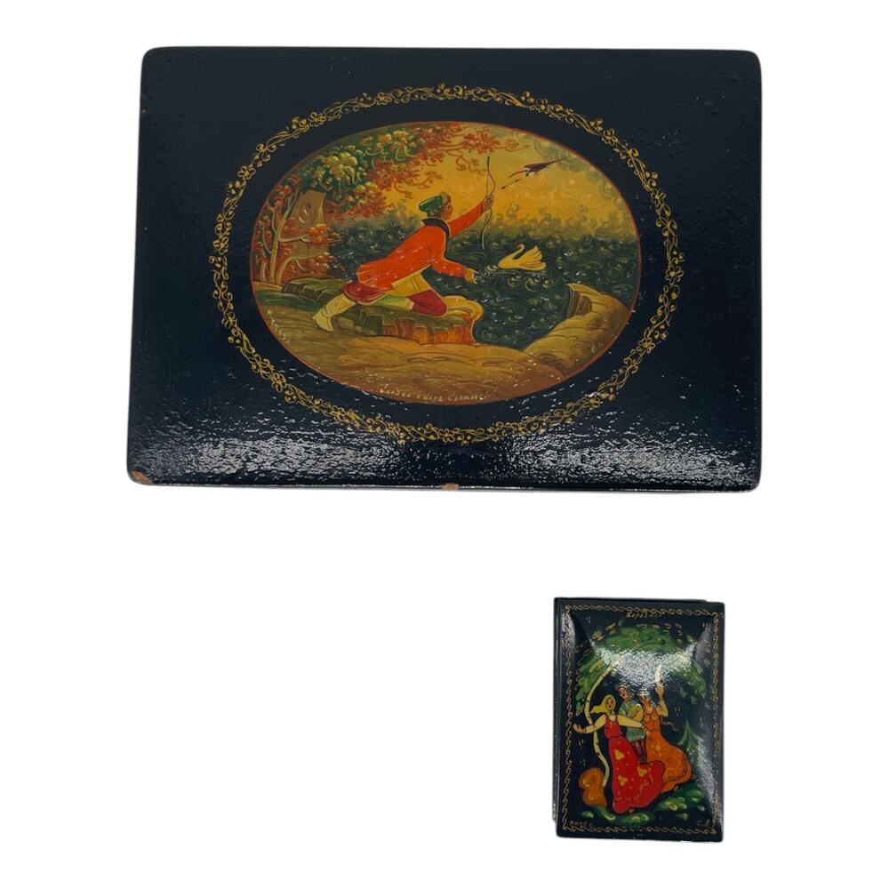 Vintage Russian Lacquer Box Set Large & Small Hand Painted USSR Palekh Style